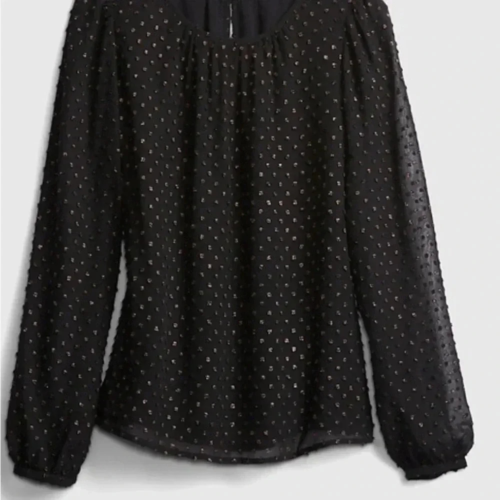 GAP Women's Black Blouse Copper Dots Sheer‎ Long Sleeve Crew Neck Casual- Medium